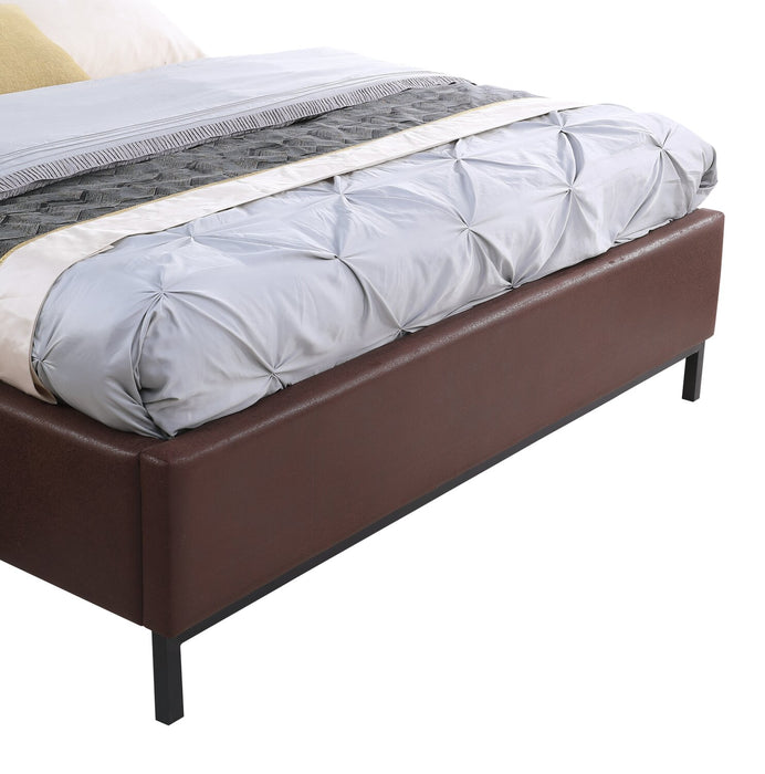 Hugo Upholstered Platform Bed in Brown Vegan-Leather Fabric, Tufted - Queen Size