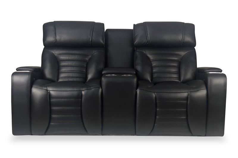 Zen 75.5\" Leather-Look Fabric Power Reclining Massage Loveseat with Refrigerator Console - Black