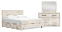 Derekson 5pc Bedroom Set with Side Storage Bed, Dresser & Mirror, Rustic White - King Size