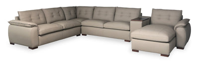 Raya Modular 5-Piece Right-Facing Genuine Leather Sectional with Storage Console and Wood Legs - Stone Beige | Sofa sectionnel modulaire de droite Raya 5 pièces en cuir véritable avec console de rangement et pattes en bois - beige pierre