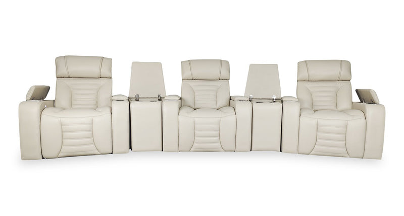 Zen 5-Piece Leather-Look Fabric Home Theatre Power Reclining Sectional with Massage and Two Storage Consoles - Apricot