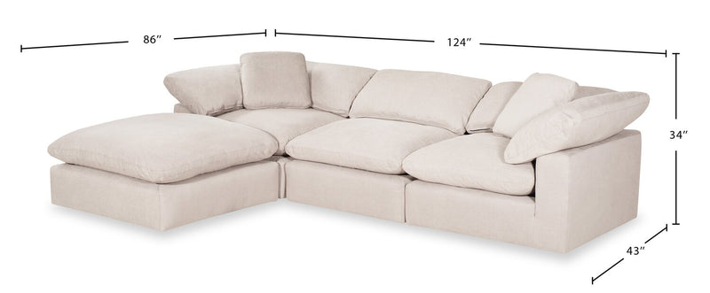 Eclipse Modular 4-Piece Linen-Look Fabric Sectional with Ottoman and Reversible Feather Down Cushions - Linen White