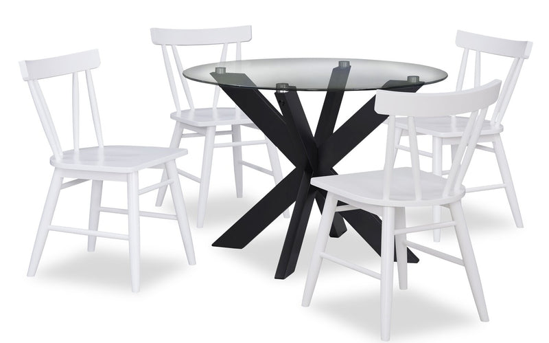 Remi 5pc Dining Set with Table & 4 Slat-Back Chairs, Glass & Wood, 42\"W Round- Black & White