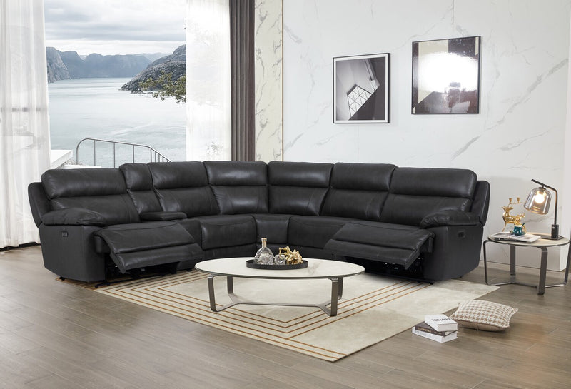 Sorrento 6-Piece Genuine Leather Power Reclining Sectional with Storage Console and USB Port - Charcoal Grey