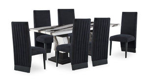 Vega 7pc Dining Set with Table & 6 Chairs, Marble Look, Pedestal Base, 82