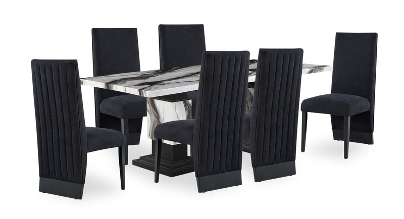 Vega 7pc Dining Set with Table & 6 Chairs, Marble Look, Pedestal Base, 82\"W - Black & White