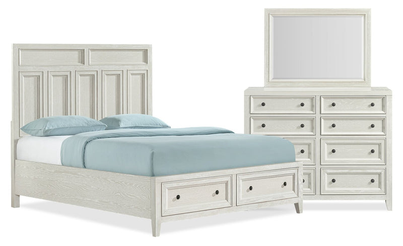 Casa 5pc Bedroom Set with Bed, Dresser & Mirror, Wood, White - Queen Size
