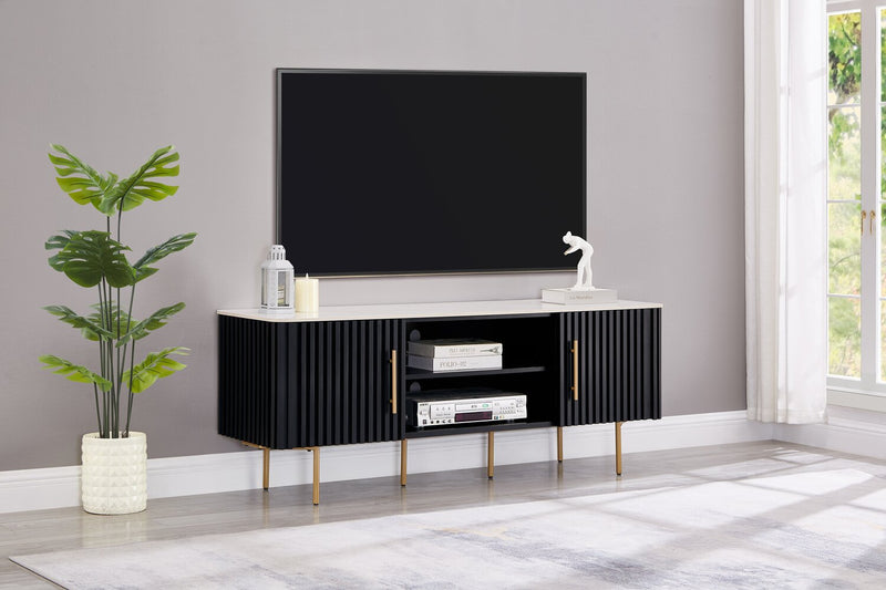 Kort & Co. Capri 60” Modern TV Stand with White Sintered Stone Top, Storage and Cable Management for TVs up to 65” - Black and Gold