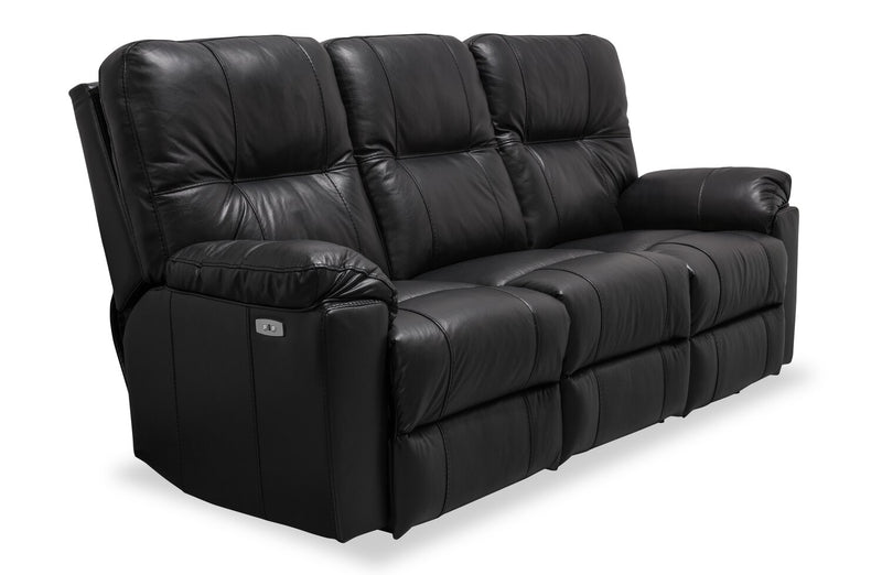 Made in Canada Dawson 87\" Genuine Leather Power Reclining Sofa with USB Port and Accent Pillows - Black