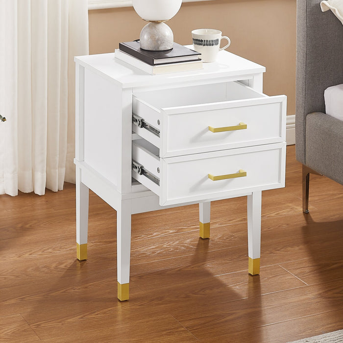 Alia Bedside 2-Drawer Nightstand with Gold Accent, 18\"W x 25.75\"H - White
