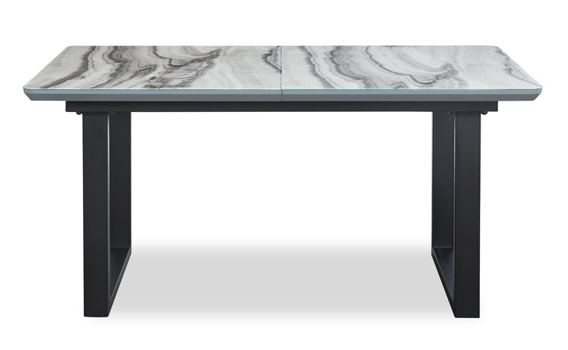 Ezra Dining Table, 63-79\"W Self-Storing Butterfly Leaf, Metal, Glass, Faux Marble - White