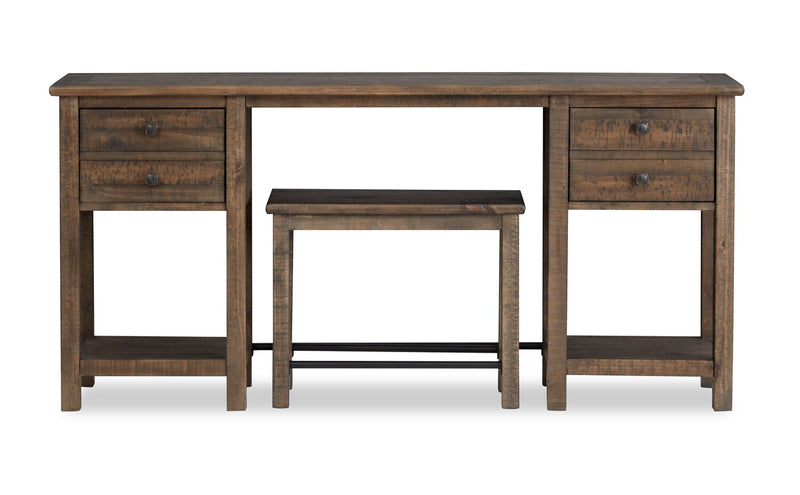 Edwin 64” Country Pine Sofa Table with Storage and Stool - Homestead Brown