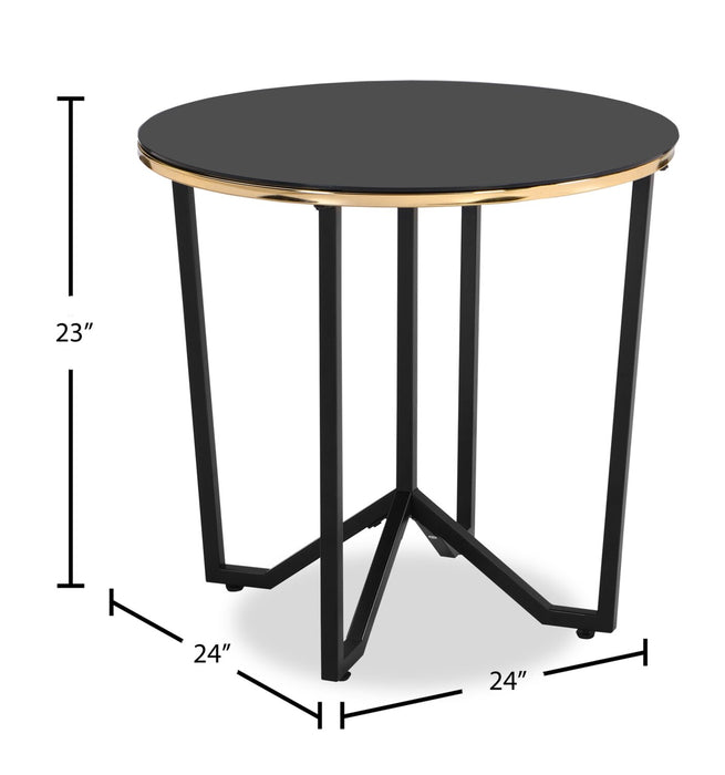 Xander 24\" Modern Round Glass Top End Table - Black and Gold with Metal Legs