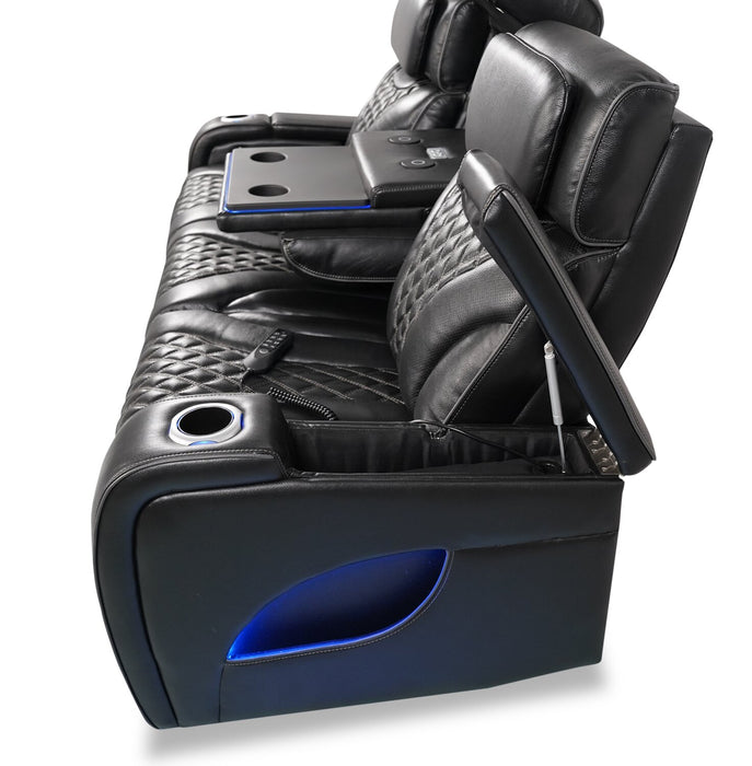 Elite 86\" Genuine Leather Massage Power Reclining Sofa with Power Headrests and Storage Arms - Black