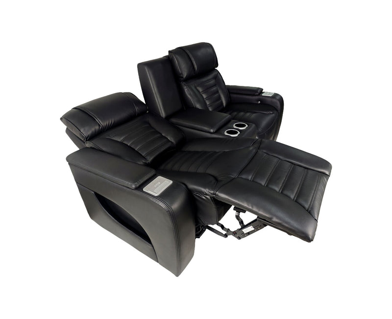 Zen 75.5\" Leather-Look Fabric Power Reclining Massage Loveseat with Refrigerator Console - Black