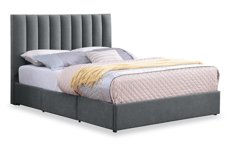 Amos Upholstered Storage Bed in Charcoal Fabric with Channelled Headboard & 3 Built-in Drawers - Full Size