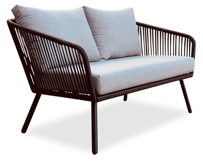Porto 4-Piece Outdoor Patio Conversation Set with Loveseat, 2 Chairs & Coffee Table - Rope-like Wicker & Metal, UV & Weather Resistant - Black/Grey