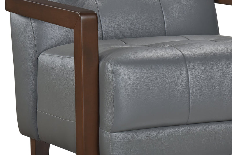 Enzo 26\" Genuine Leather Accent Chair with Biscuit Tufting, Track Arms and Wood Legs - Dark Grey