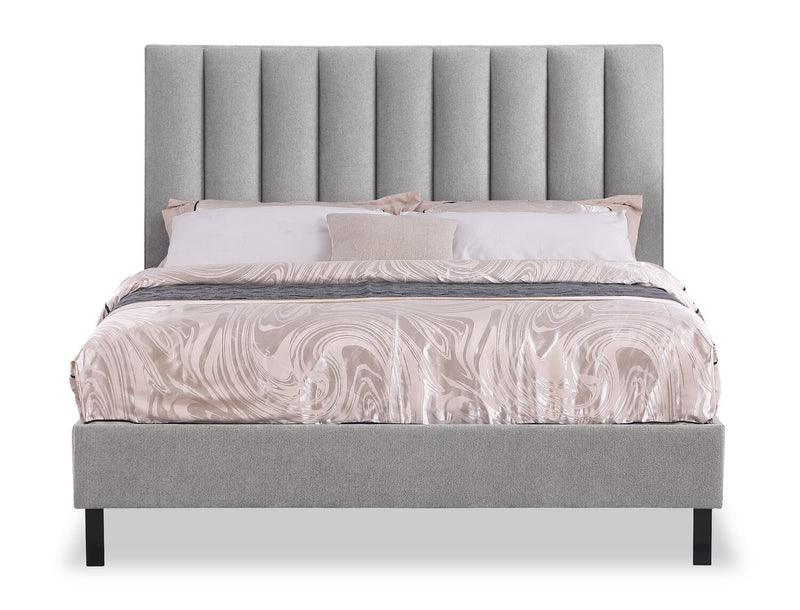 Amos Upholstered Platform Bed in Grey Fabric with Channelled Headboard - King Size
