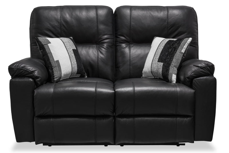 Made in Canada Dawson 64\" Genuine Leather Power Reclining Loveseat with USB Port and Accent Pillows – Black
