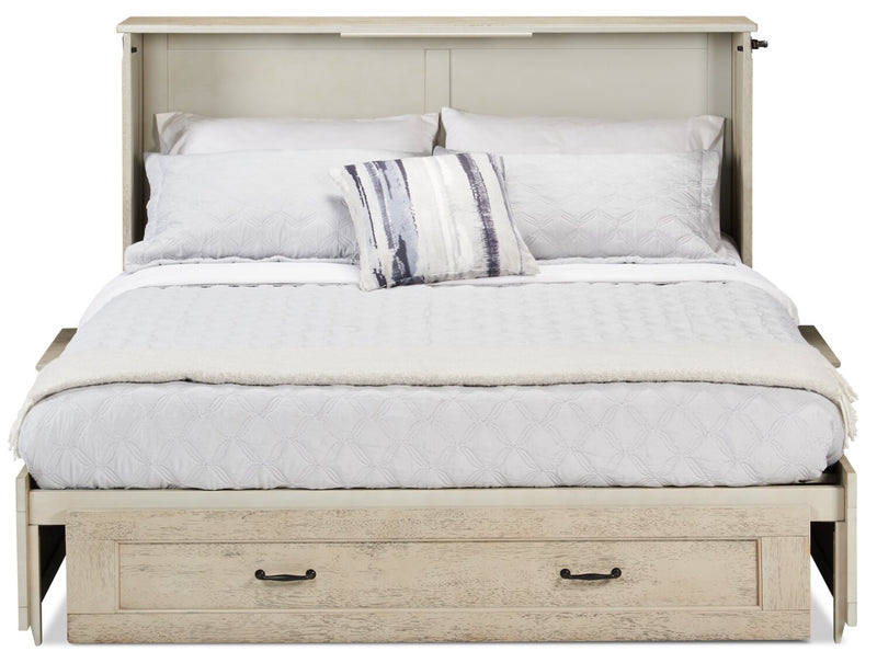 Parker Cabinet Bed with Memory Foam Mattress, Brushed Driftwood - Queen Size   