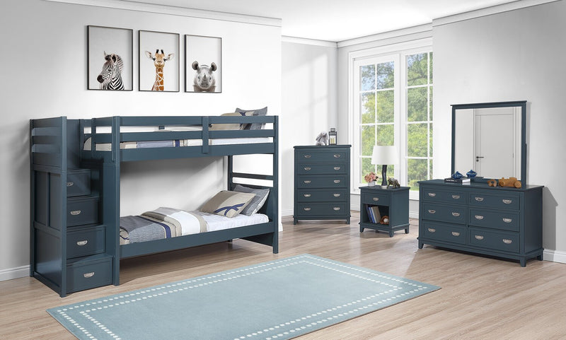 Quinn Bunk Bed with Built-in Staircase Dresser & Guard Rail for Kids, Blue - Twin/Twin