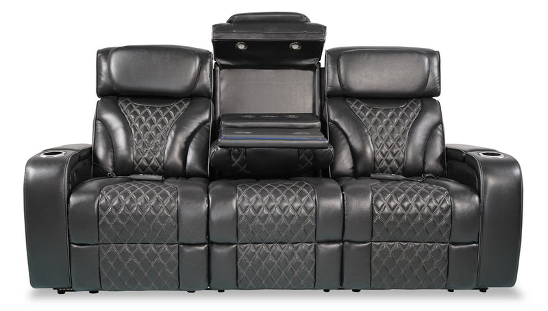 Elite 86\" Genuine Leather Massage Power Reclining Sofa with Power Headrests and Storage Arms - Black