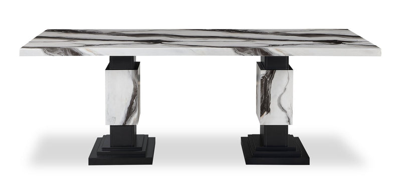 Vega 7pc Dining Set with Table & 6 Chairs, Marble Look, Pedestal Base, 82\"W - Black & White