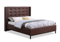 Hugo Upholstered Platform Bed in Brown Vegan-Leather Fabric, Tufted - Queen Size 