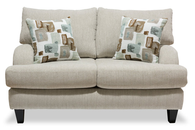 Made in Canada Nofia 58\" Chenille Fabric Loveseat with Two Accent Pillows and Wood Legs - Linen Beige