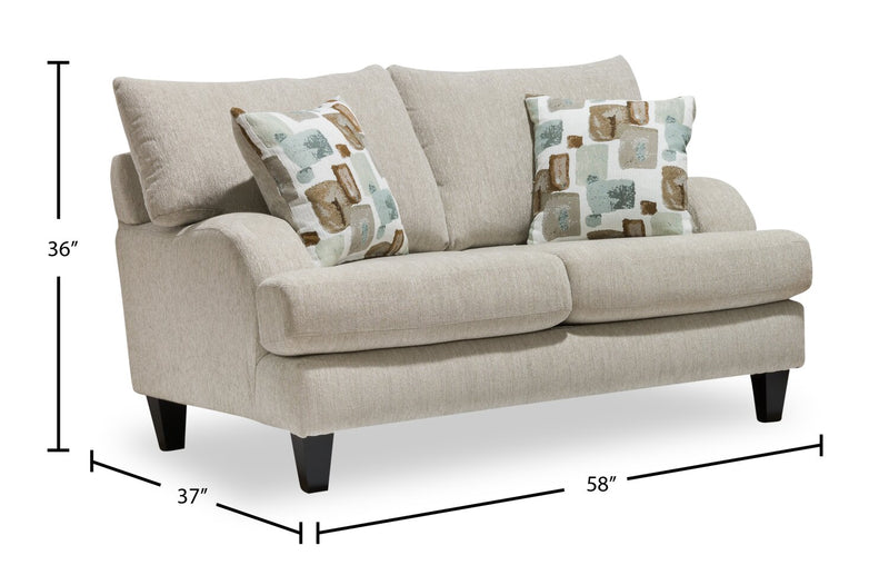 Made in Canada Nofia 58\" Chenille Fabric Loveseat with Two Accent Pillows and Wood Legs - Linen Beige