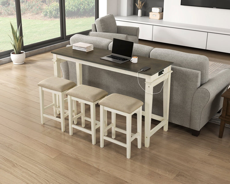Nyles 60\" Contemporary Console Table with 3 Counter-Height Stools and USB Ports- Buttermilk