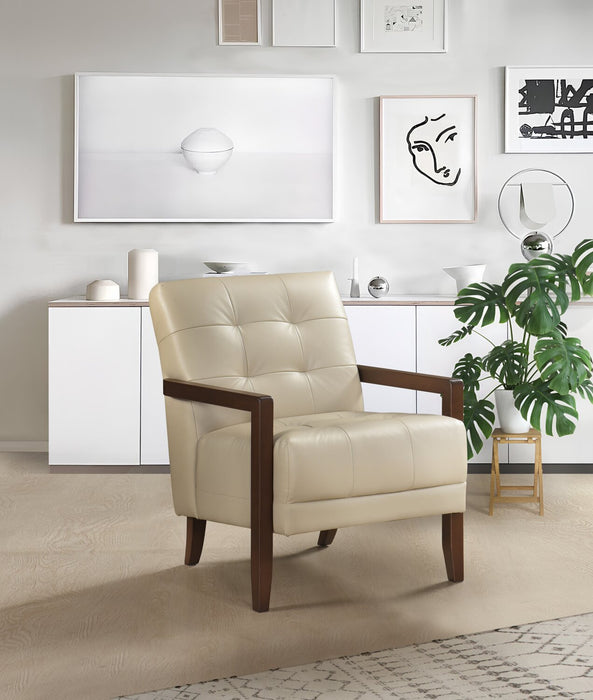 Enzo 26\" Genuine Leather Accent Chair with Biscuit Tufting, Track Arms and Wood Legs - Beige