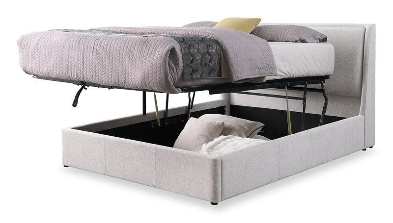 Nico Upholstered Storage Platform Bed in Polyester Taupe Fabric, Hyrdraulic Lift  - Queen Size
