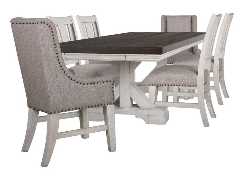 Willow Dining Table with Trestle Base, 84-106\"W Extension - Rustic White & Brown