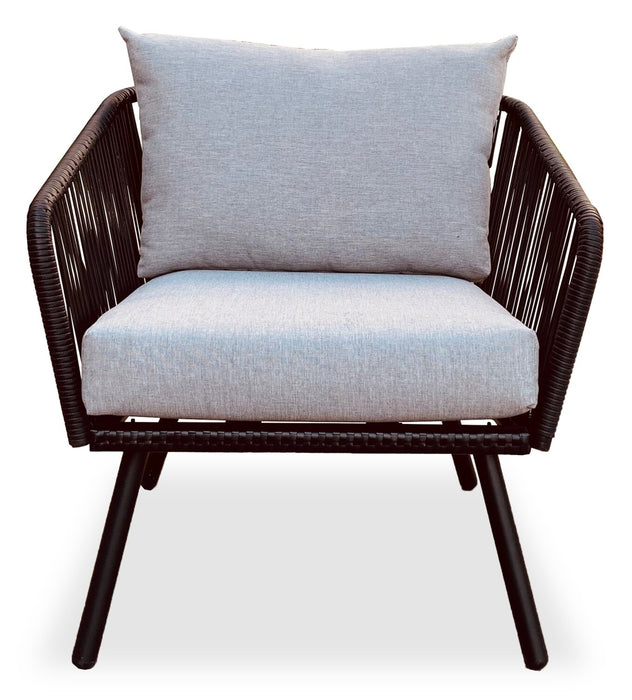 Porto 4-Piece Outdoor Patio Conversation Set with Loveseat, 2 Chairs & Coffee Table - Rope-like Wicker & Metal, UV & Weather Resistant - Black/Grey