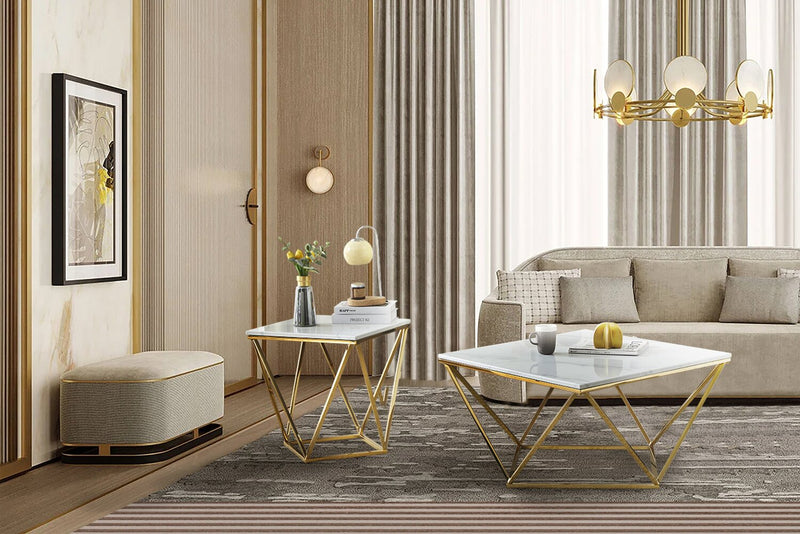 Amanda 21.5\" Modern Square End Table - White Marble Top with Gold Metal Base