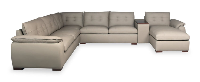 Raya Modular 5-Piece Right-Facing Genuine Leather Sectional with Storage Console and Wood Legs - Stone Beige