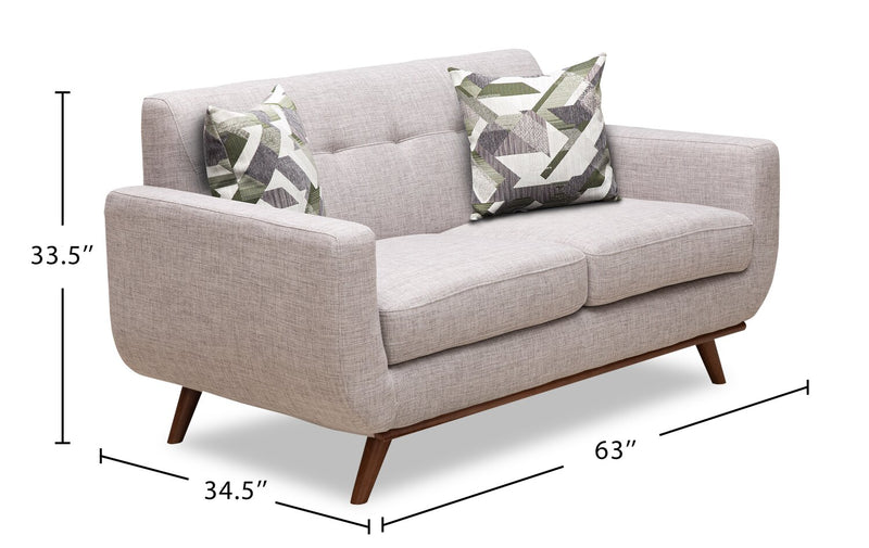 Kort & Co. Freeman 63\" Linen-Look Fabric Loveseat with Wood Legs and Tufted Back Cushions - Dove White