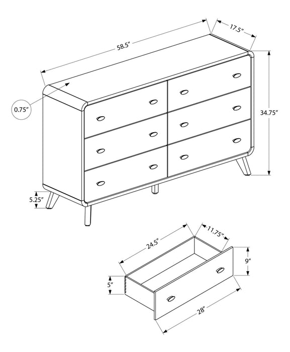 Cami Bedroom 6-Drawer Dresser, Mid-Century Modern, 58.5\"W x 17.5\"H - Grey Oak