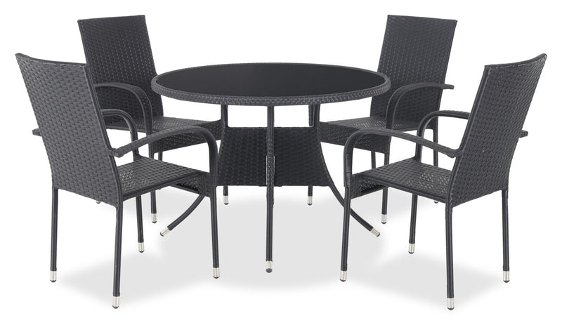 Arizona 5-Piece Outdoor Patio Set with Round Table & 4 Chairs - Hand-Woven Resin Wicker, Round Glass Table Top, UV & Weather Resistant - Black