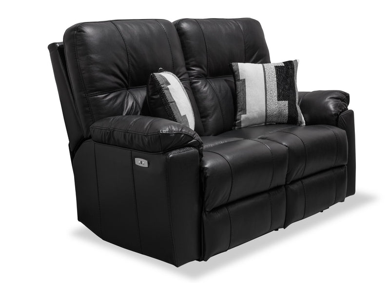 Made in Canada Dawson 64\" Genuine Leather Power Reclining Loveseat with USB Port and Accent Pillows – Black