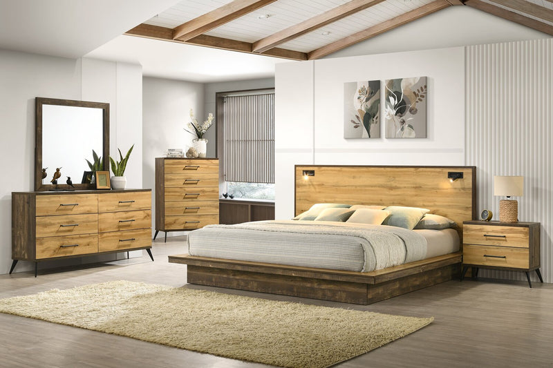 Silas Platform Bed with Headboard & Frame, LED, Rustic Brown - King Size
