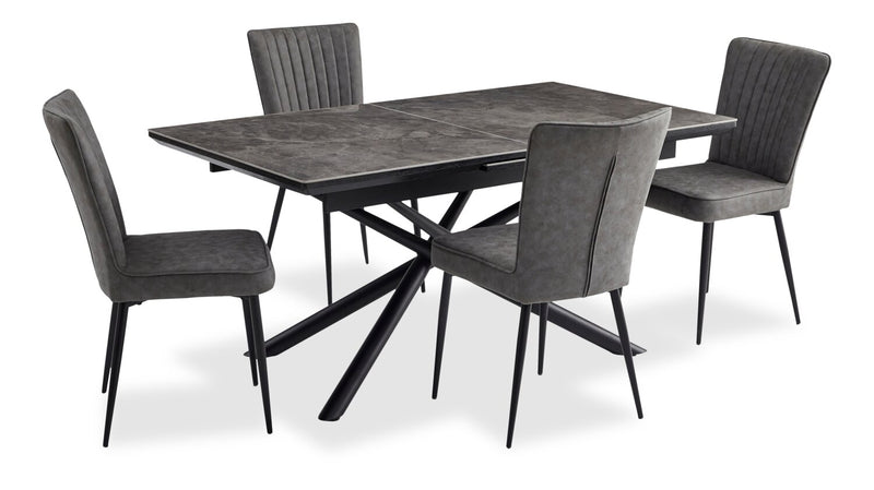 Tavo Dining Table with 63-79\"W Extension, Metal, Pedestal Base - Grey & Black