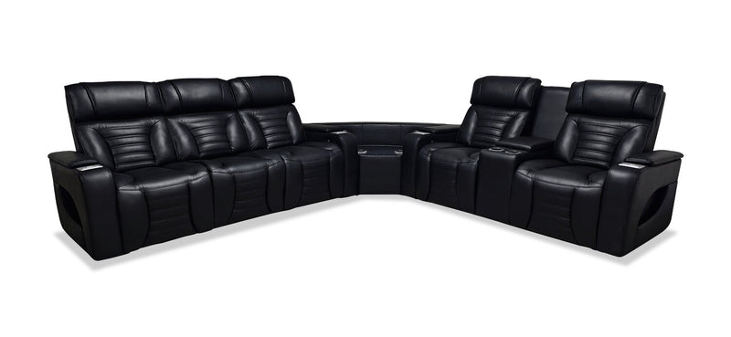 Zen 3-Piece Leather-Look Fabric Power Reclining Sectional with Massage, Drop-Down Console and Refrigerator - Black