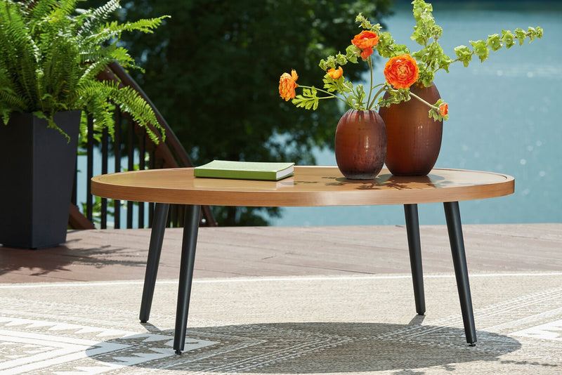 Tofino Outdoor Patio Oval Coffee Table - 22\"W, Aluminum, UV & Weather Resistant - Brown/Black