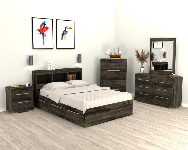 Riley Mates Bed 6pc Set with Bookcase Headboard, Dresser, Mirror & Nightstand, Grey - Full Size