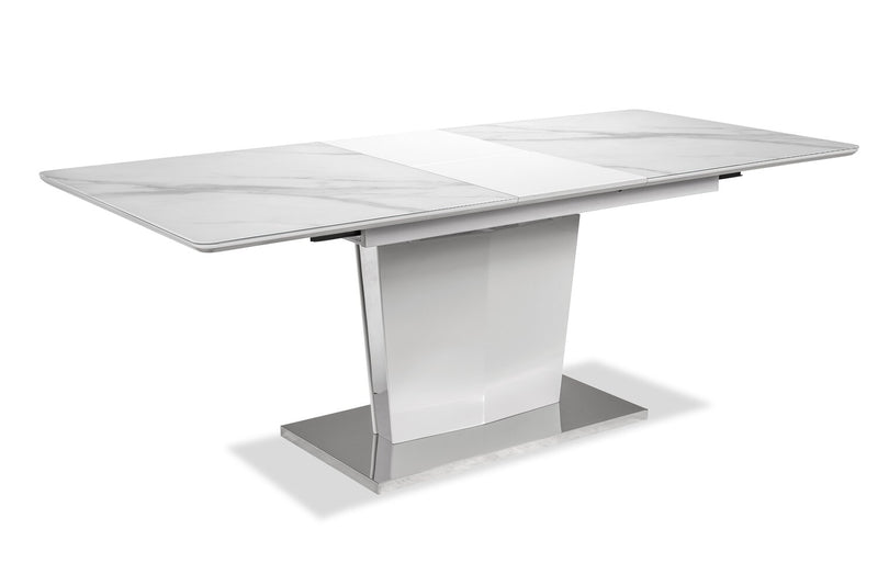 Naya Dining Table, 63-78.75\"W Self-Storing Butterfly Leaf, Metal, Glass, Faux Marble – White