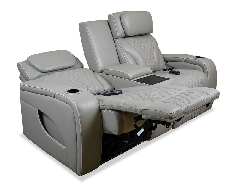 Elite 74\" Genuine Leather Massage Power Reclining Loveseat with Immersive Audio and Power Headrests - Putty