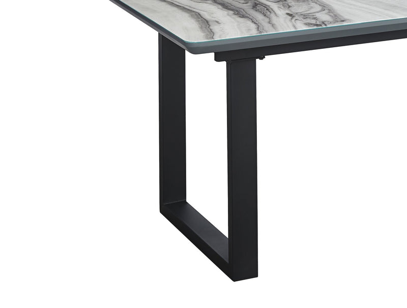 Ezra Dining Table, 63-79\"W Self-Storing Butterfly Leaf, Metal, Glass, Faux Marble - White